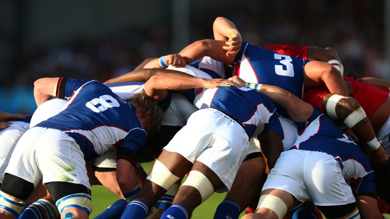 EXETER, ENGLAND - SEPTEMBER 29:  A view of the Namibia scrum during the 2015 Rugby World Cup Pool C match between Tonga and Namibia at Sandy Park 