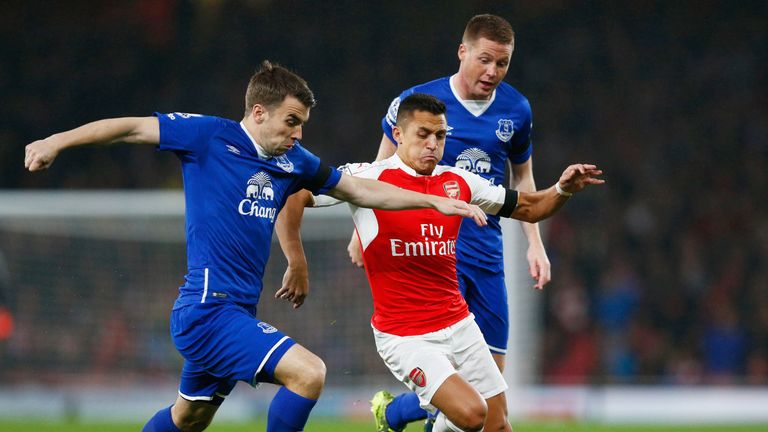 Seamus Coleman and Alexis Sanchez in action, Arsenal v Everton, Premier League