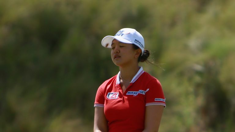 HAINAN ISLAND, CHINA - OCTOBER 30:  Sei Young Kim of South Korea reacts after her shot during round 2 on Day 5 of Blue Bay LPGA 2015 at Jian Lake Blue Bay 