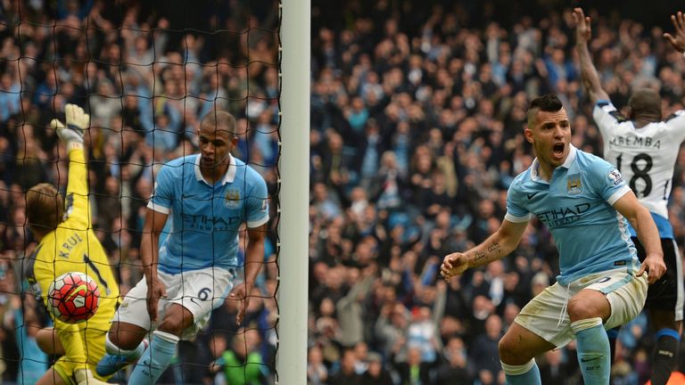 Sergio Aguero reacts after scoring Manchester City's equaliser against Newcastle United just before half-time