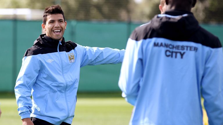 Sergio Aguero of Manchester City during a training session at Carrington Training Ground