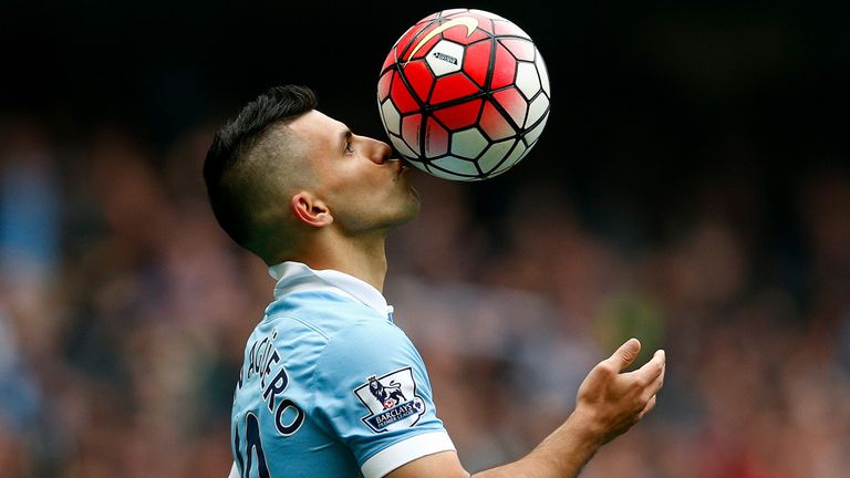 Sergio Aguero of Manchester City kisses the ball to celebrate a goal against Newcastle