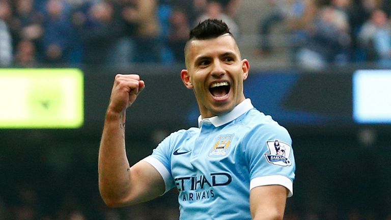 Sergio Aguero of Manchester City celebrates scoring his fourth and team's fifth goal 