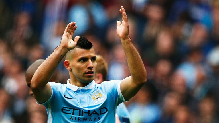  Sergio Aguero of Manchester City celebrates scoring his fourth and team's fifth goal
