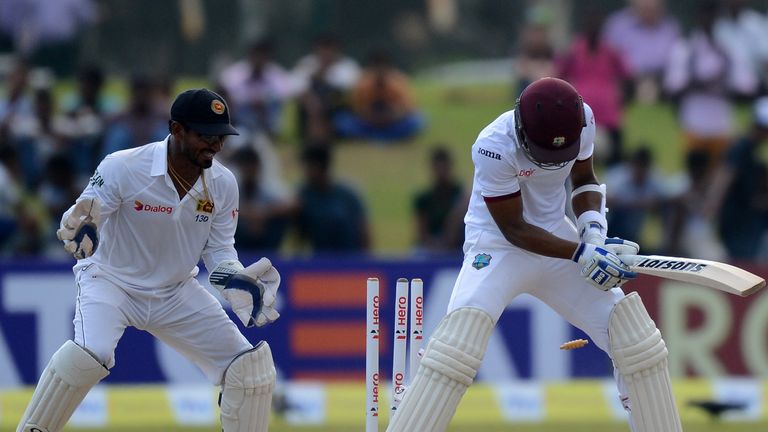 Shai Hope is bowled by Milinda Siriwardana as the West Indies second innings got off to a poor start