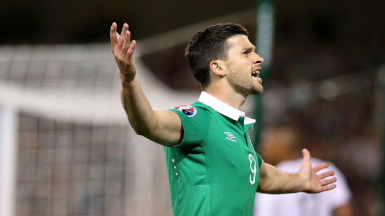 Republic of Ireland's Shane Long celebrates scoring their first goal of the game during the UEFA European Championship qualifier at the Aviva Stadium