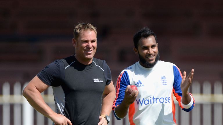 Shane Warne and Adil Rashid share a joke in Sharjah