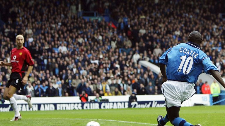 Shaun Goater of Man City scores in the derby of November 9, 2002