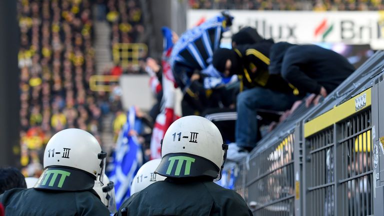 Riot police is seen during the Bundesliga match between Borussia Dortmund and FC Schalke 04 at Signal Iduna Park Feb 28