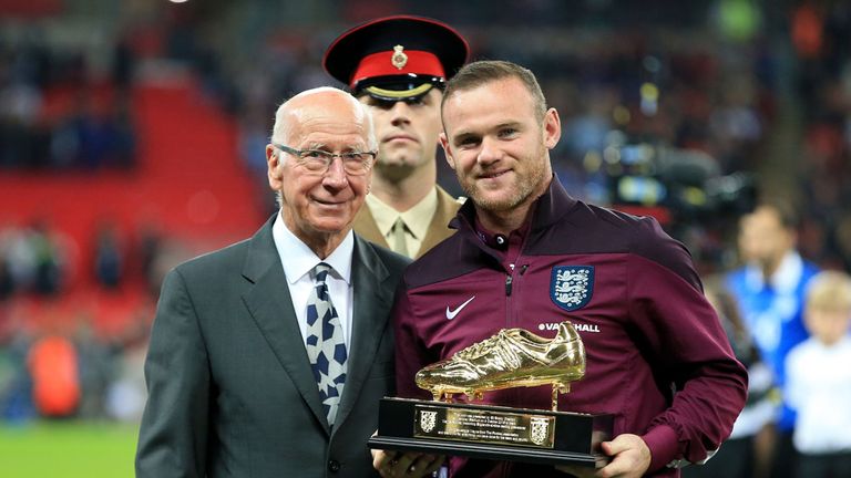 Sir Bobby Charlton presents England's Wayne Rooney with a golden boot