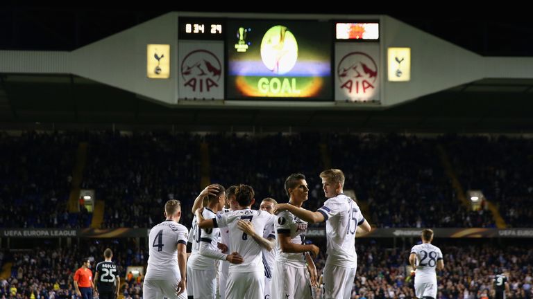 Son Heung-Min of Tottenham Hotspur celebrates scoring the second goal with the team mates during the UEFA Europa League Group J match v Qarabag