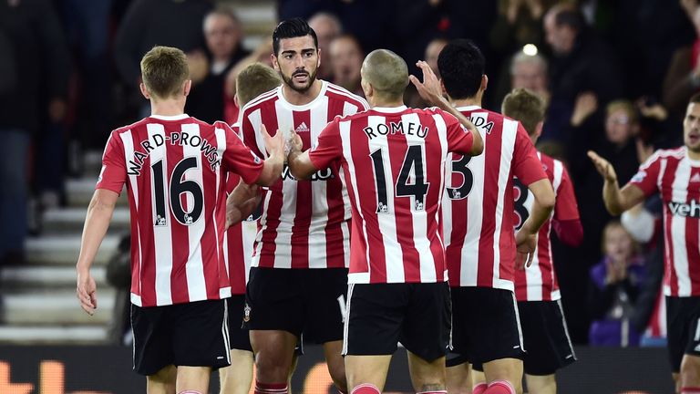 Southampton's Graziano Pelle celebrates with team-mates after scoring his side's second goal of the game during the Capital One Cup, Fourth 