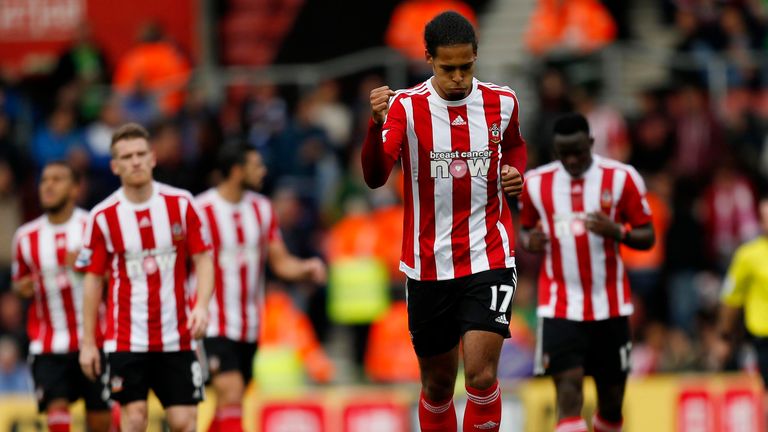 Southampton's Virgil Van Dijk celebrates scoring his teams second goal of the game during the Barclays Premier League match at St Mary's, Southampton.