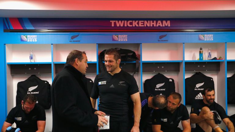 All Black coach Steve Hansen and Richie McCaw chat in the dressing room following the 2015 Rugby World Cup Semi Final between South Africa and New Zealand