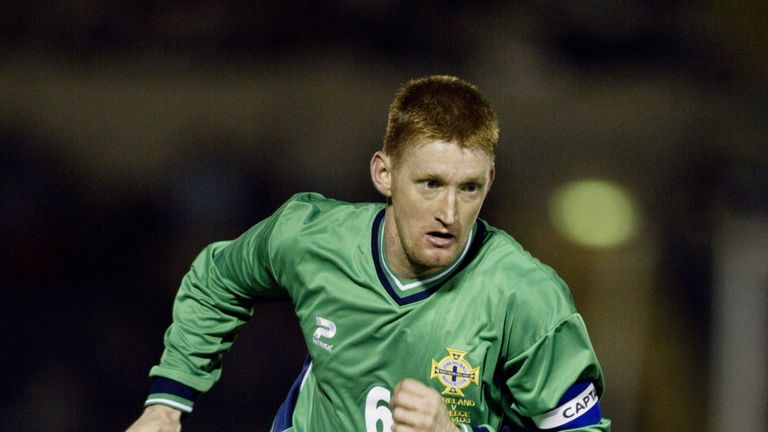 BELFAST - APRIL 2:  Steve Lomas of Northern Ireland runs with the ball during the European Championships 2004 Group 6 Qualifying match between Northern Ire