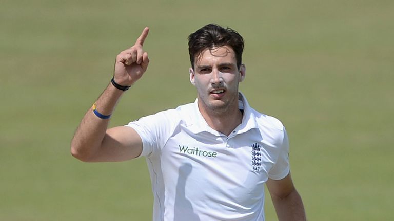 Steven Finn of England celebrates dismissing Usman Salahuddin