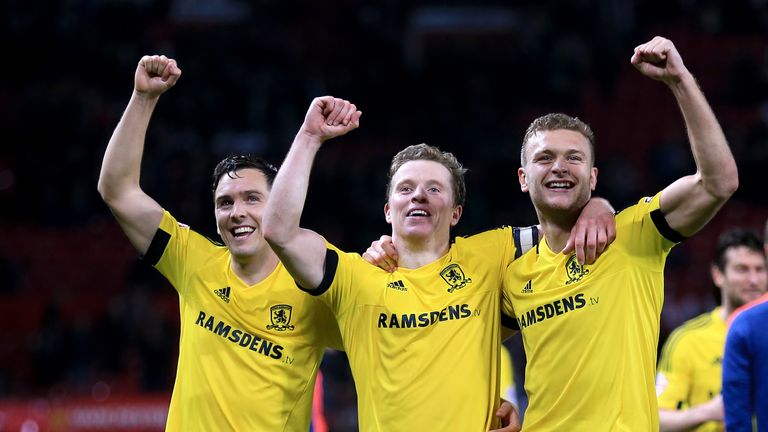 Middlesbrough's Stewart Downing, Grant Leadbitter and Ben Gibson celebrate winning the shootout following the Capital One Cup, Fourth Round