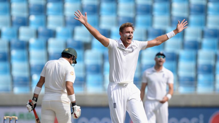 DUBAI, UNITED ARAB EMIRATES - OCTOBER 23:  Stuart Broad of England successfully appeals for the wicket of Pakistan captain Misbah-ul-Haq during day two of 