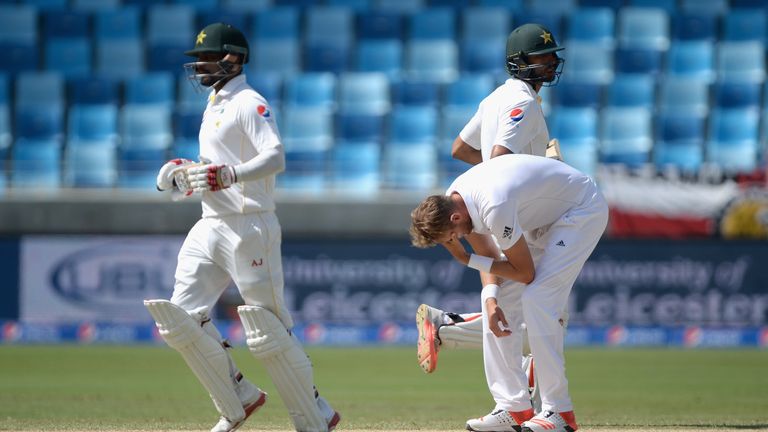 Stuart Broad of England reacts after bowling