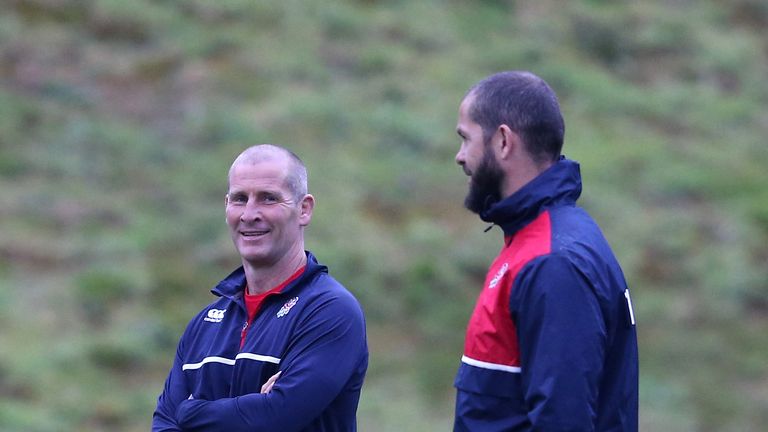 BAGSHOT, ENGLAND - OCTOBER 06:  Stuart Lancaster, (L) the England head coach looks on with backs coach Andy Farrell during the England training session at 