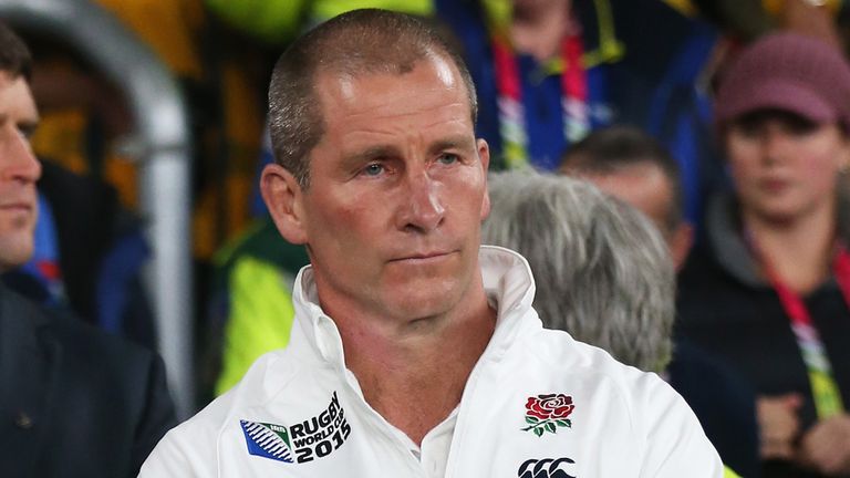 Stuart Lancaster, Head Coach of England looks dejected after the 2015 Rugby World Cup Pool A match between England and Australia