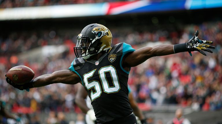 LONDON, ENGLAND - OCTOBER 25: #50 Telvin Smith #50 of Jacksonville Jaguars scores a touchdown in the second quarter on an interception in the second quarte