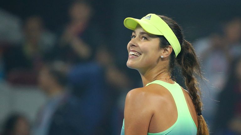 Ana Ivanovic celebrates winning her match against Venus Williams at the 2015 China Open