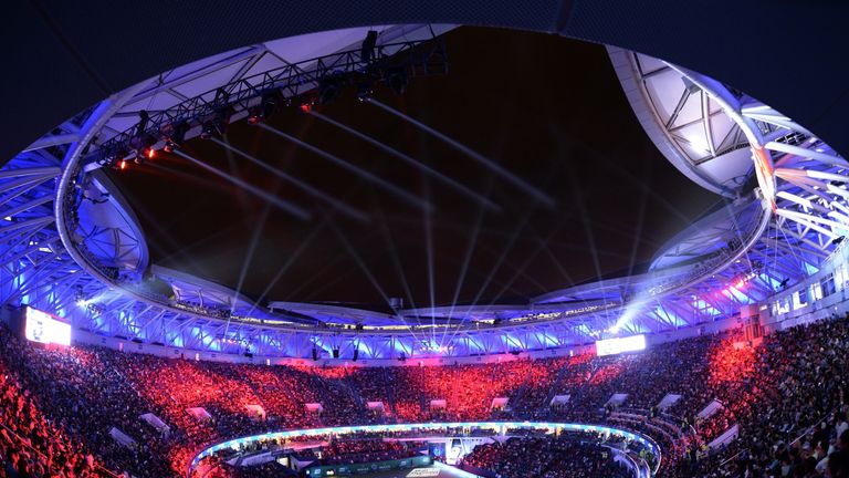 The Qizhong Tennis Stadium is lit up before the Shanghai Masters 1000 semi final match between Novak Djokovic and Roger Federer