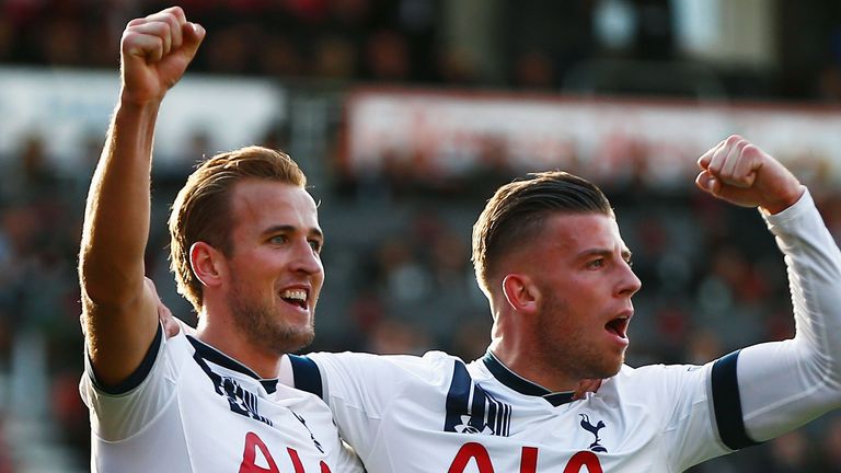 Harry Kane of Tottenham Hotspur celeberates scoring his team's fifth and hat trick goal with his team mate Toby Alderweireld