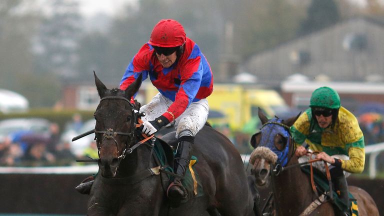 FAKENHAM, ENGLAND - OCTOBER 28: Lee Drowne riding Tokyo Javilex (L) clear the last to win The Injured Jockey Fund Handicap Hurdle Race at Fakenham racecour