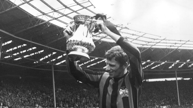 Manchester City captain Tony Book is chaired by his team-mates after beating Leicester by 1-0 in the 1969 FA Cup Final 