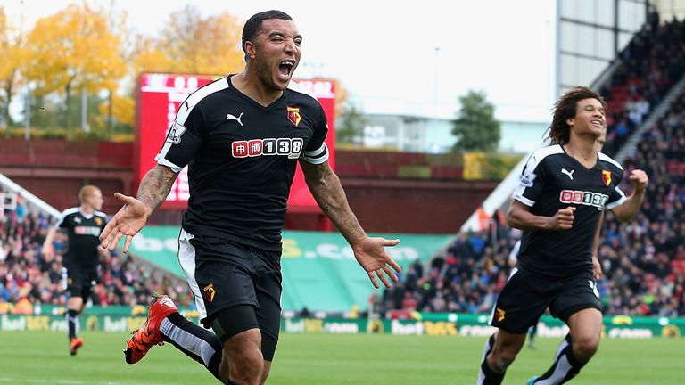 Watford's Troy Deeney celebrates after opening his Premier League account against Stoke