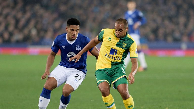 Tyias Browning of Everton and Andre Wisdom during the Capital One Cup Fourth Round match between Everton and Norwich 
