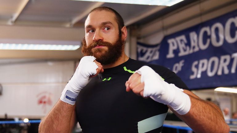 Tyson Fury in action during a Media Work Out session at the Peacock Gym in Canning Town on November 26, 2014 in London, Eng