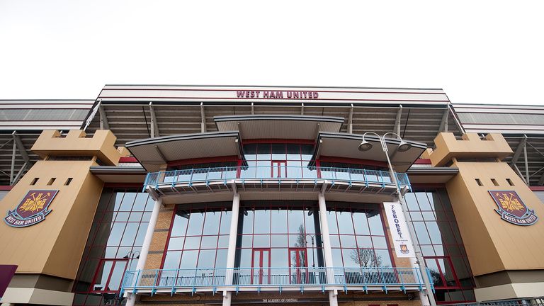 The West Ham football club logo is pictured at the stadium in east London, on January 19, 2010