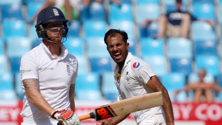 Pakistan's Wahab Riaz celebrates dismissing England's Ben Stokes during the third day of the second Test in Dubai