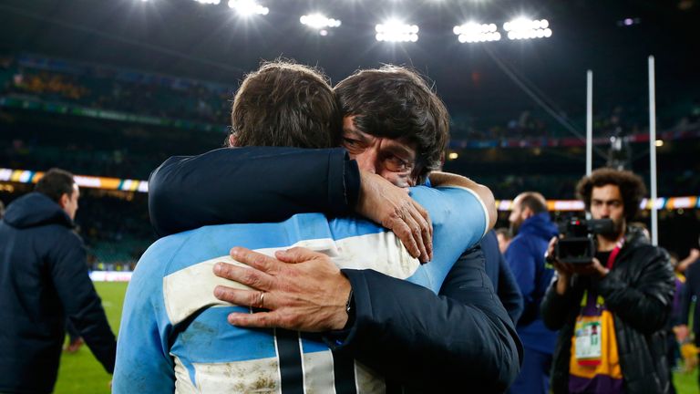 LONDON, ENGLAND - OCTOBER 25:  Daniel Hourcade, Head Coach of Argentina consoles Nicolas Sanchez of Argentina after losing the 2015 Rugby World Cup Semi Fi