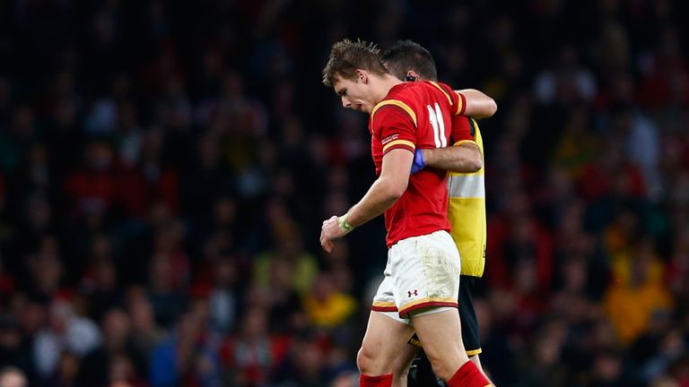 Liam Williams of Wales leaves the field injured during the 2015 Rugby World Cup Pool A match between Australia and Wales 
