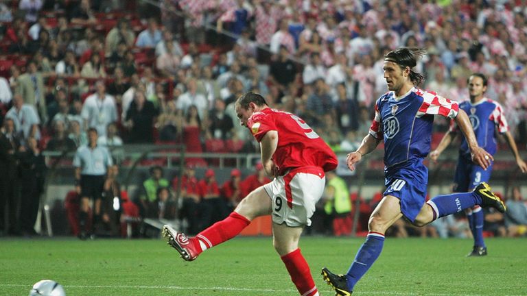 Wayne Rooney of England scores the third goal during the UEFA Euro 2004, Group B match between Croatia and England