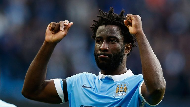 MANCHESTER, ENGLAND - OCTOBER 17:  Wilfred Bony of Manchester City celebrates scoring his team's fifth goal during the Barclays Premier League match betwee