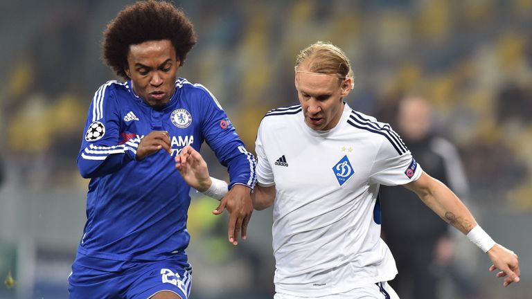 Chelsea's Willian (L) vies with Dynamo Kiev's Domagoj Vida 