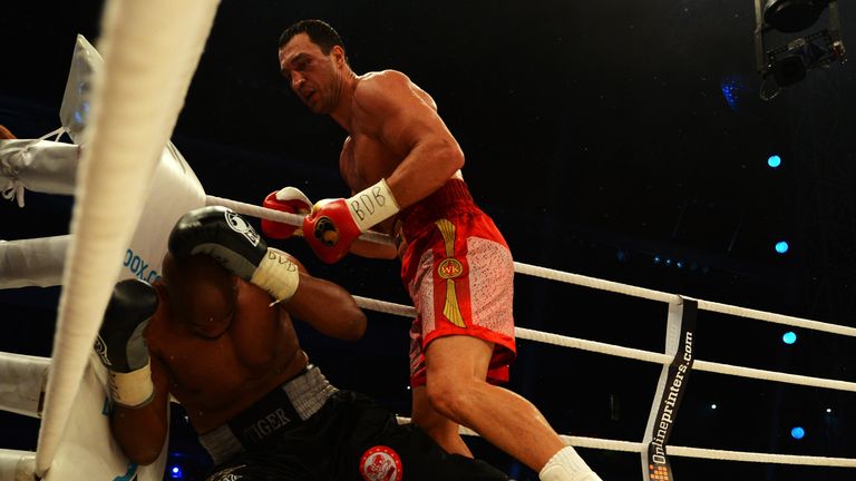 Wladimir Klitschko of Ukraine and Tony Thompson of USA on the July 7, 2012 at Stade de Suisse in Bern, Switzerland.