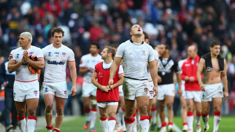 Sam Burgess (right) of England looks up in frustration
