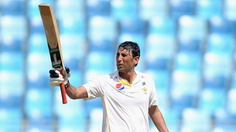 Younus Khan of Pakistan celebrates reaching his century 