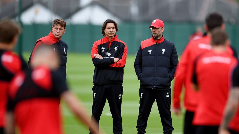 Zeljko Buvac (l) joins Jurgen Klopp (r) for his first coaching session as Liverpool's new Assistant Manager