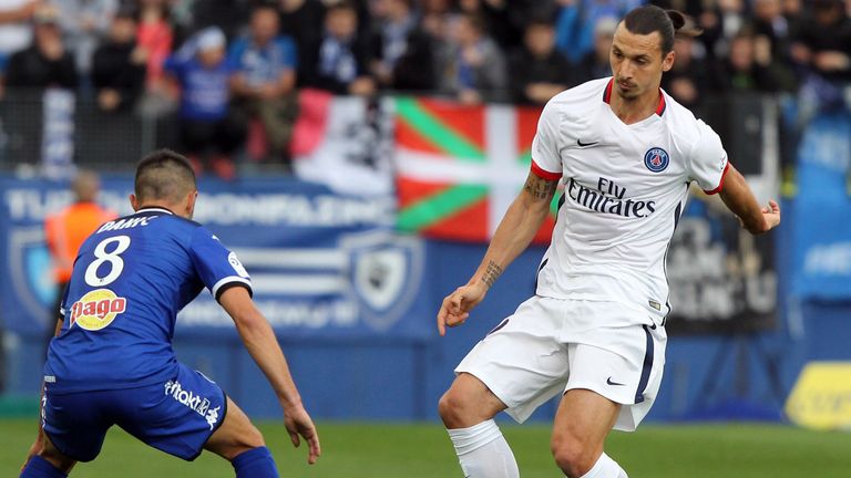 Paris Saint-Germain's Swedish forward Zlatan Ibrahimovic (R) vies with Bastia's French midfielder Gael Danic 