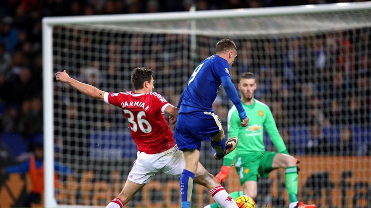 Leicester City's Jamie Vardy scores his side's first goal of the game during the Barclays Premier League match against Manchester United