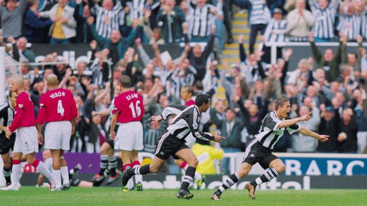 Laurent Robert of Newcastle United celebrates his stunning strike during the Premier League match against Manchester United in 2001