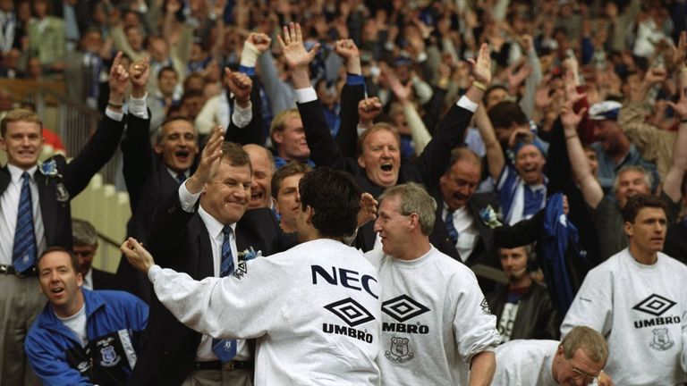 Joe Royle celebrates as Everton win the FA Cup final at Wembley in 1995