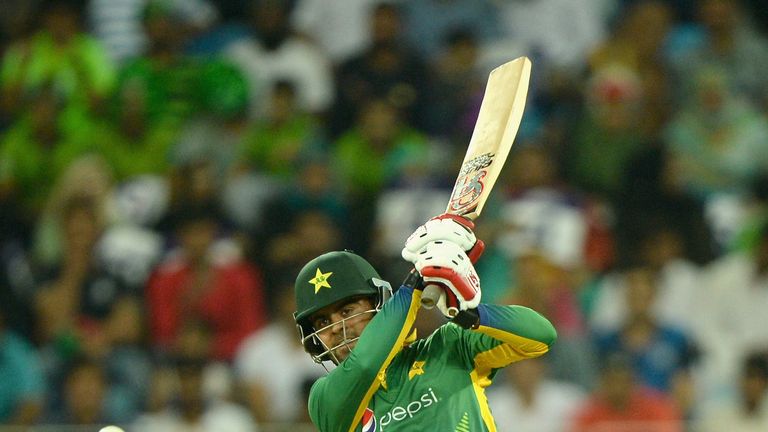 Ahmed Shehzad of Pakistan bats during the 2nd International T20 between Pakistan and England at Dubai Cricket Stadium